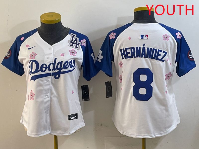 Youth Los Angeles Dodgers #8 Hernandez White Blue Sakura Edition 2025 Nike MLB Jersey style 5